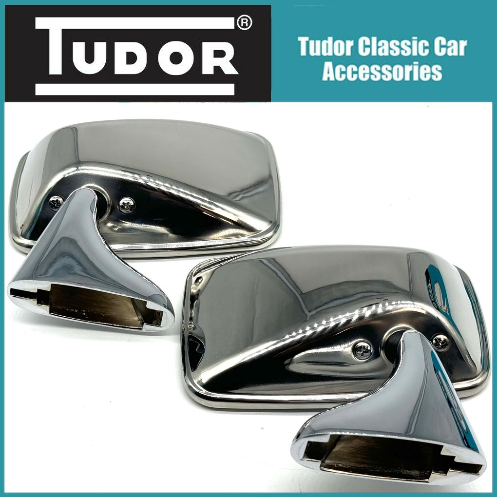 Pair Classic Stainless Steel Flat Door Mirrors + Fitting Kit CONVEX GLASS