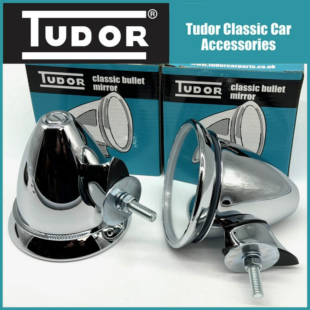 Pair Chrome Classic Bullet Wing Mirrors Single Bolt Fitting Convex Glass