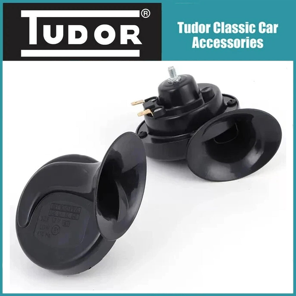 Pair 12v Twin Black Snail Horns High / Low Tone Universal MG, Mini, Triumph, Jag