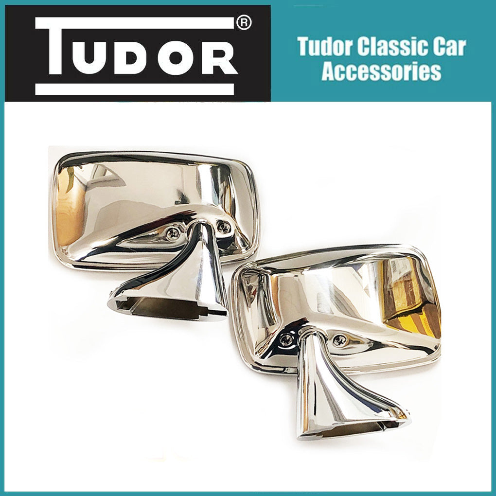 Pair Classic Stainless Steel Flat Door Mirrors + Fitting Kit