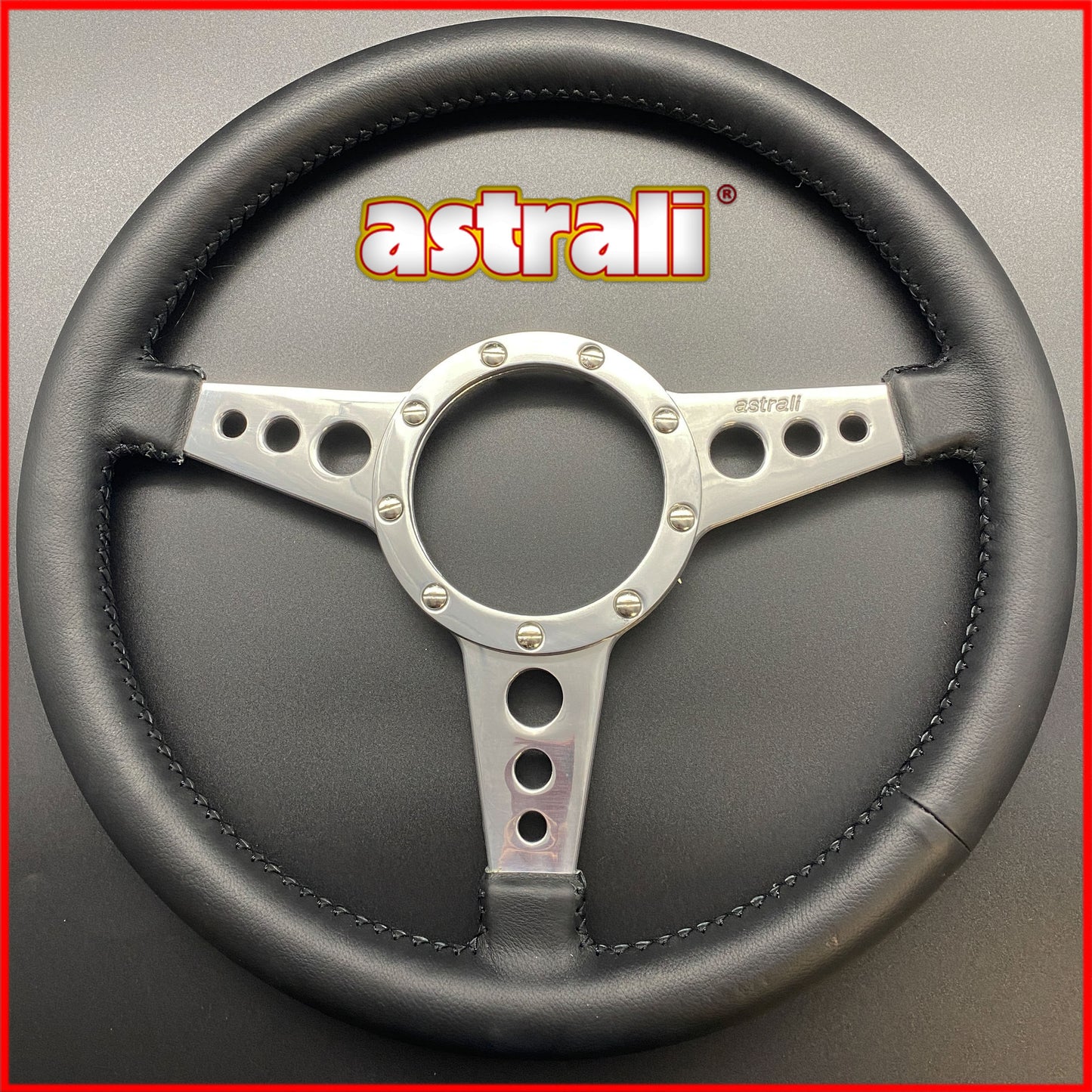 Leather steering wheel with polished spokes in 13" or 14" compatible with Moto-lita, Mountney, astrali