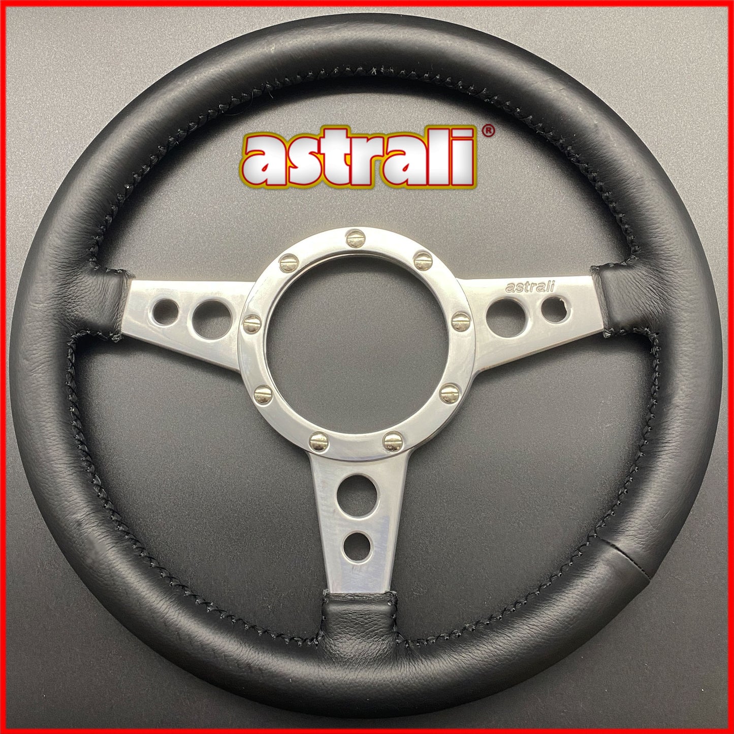 Leather steering wheel with polished spokes in 13" or 14" compatible with Moto-lita, Mountney, astrali