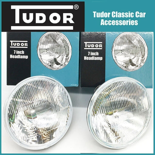 Pair 7" Tudor H4 Halogen Headlamps Headlights Domed Lens + Bulbs With Sidelight
